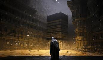 Elderly Muslim man in traditional attire standing in reverence before the Kaaba in Mecca..Generated image photo