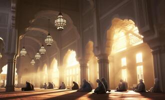 Group of Muslims Praying in a Mosque with Sunlight Streaming Through the Window, Creating Silhouettes.Generated image photo