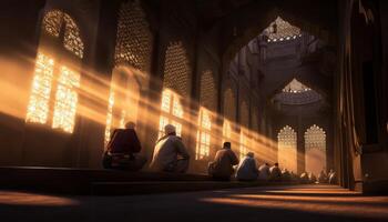 Group of Muslims Praying in a Mosque with Sunlight Streaming Through the Window, Creating Silhouettes.Generated image photo