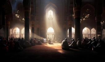 Group of Muslims Praying in a Mosque with Sunlight Streaming Through the Window, Creating Silhouettes.Generated image photo