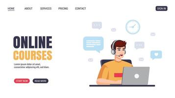 Young man studying or working with laptop. Flat design. illustration, website, web page design. Online education, courses, studying, working, concept. vector