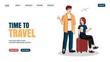 Young couple with suitcase, backpack showing thumbs up at the airport before flight. Flat design, cartoon style. illustration. Travelling concept website, web page design. vector