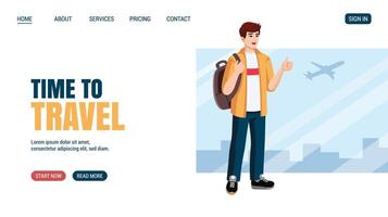 Young man with backpack showing thumbs up at the airport before flight. Flat design, cartoon style. illustration. Travelling concept website, web page. vector