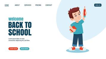 Little boy with pencil and book. Education, knowledge, student concept website, web page design. illustration. Training concept banner. Time to study vector
