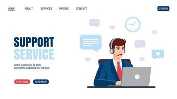 Operator, man working with laptop. Flat design. flyer, poster, banner design. Support service concept. Concept illustration for support, assistance, call center. Call center Operator. vector