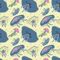 Artistic vectorpattern with jellyfish. Hand drawn marine life. lilac and blue colors. Graphics, line, textures. For textiles, paper, wrapping vector