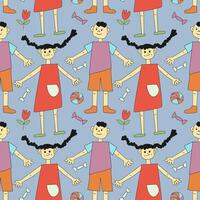 Seamless pattern with Girls and boys in different movements. Doodle, pencil, free style. Cheerful, happy. Text. Letters, words. For postcards, invitations, textile, wrapping vector