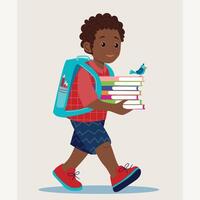 he illustration of a little black boy with a bright smile, wearing a vibrant blue backpack and holding a stack of colorful books and bird, going to scool. Foreducational decal, postcard, books vector