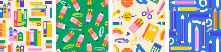 Back to school. Collection of seamless patterns. Simple, bright, childish design with school supplies. Great for advertising, wrapping, art classes, kindergarten and more vector