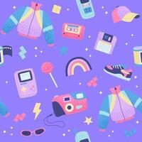 90s retro seamless pattern. Cute bright multicolor elements on purple background.. illustration in trendy flat style vector