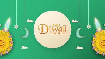 Diwali is festival of lights of Hindu for invitation card, web banner, advertisement. Paper cut and craft style. Tone background color is green. vector