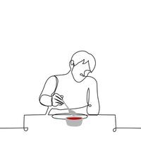 man with a spoon is going to pick up red sauce ketchup, gravy, adjika, tkemali, tomato sauce- one line drawing . the concept of seasoning food with sauce, sauce lover vector