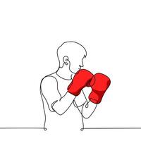 standing boxer in red boxing gloves - one line drawing . concept training or fight vector
