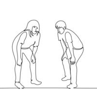 man and woman bending their backs slightly looking at something below eye level - one line art . concept friends, colleagues or siblings vector