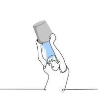 man pours himself with water from a bucket - one line drawing . cool down concept, ice bucket challenge vector