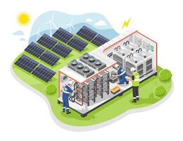 flow batteries engineer team installation isometric Vanadium redox battery cell container station to storage eco green energy from solar cell and wind turbine simple concept isolated illustration vector
