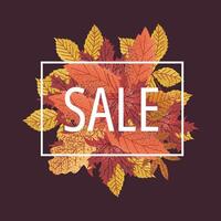Autumn sale banner with vibrant leaves on dark background. Perfect for promotions, advertisements, and seasonal campaigns. Warm, inviting fall theme with colorful leaf cluster vector