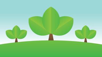 green field with three tree in flat style. cartoon meadow landscape with grass. green summer background landscape. vector