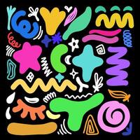 Colorful collection organic shapes and symbols on a black background. Modern contemporary figures, doodle objects and graphic elements. vector