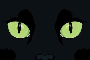 Black cat face close up. Feline eyes. Black cat with green eyes vector