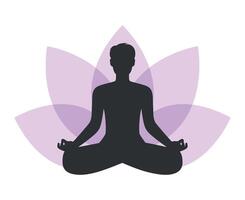 Abstract meditating man silhouette on lotus flower background. Male sitting in lotus position vector