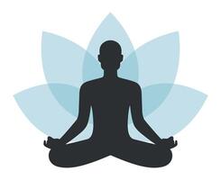 Silhouette of abstract bald man sitting in lotus pose on lotus flower background. Meditating male vector