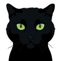 Black cat isolated on white background. Feline face. Black cat with green eyes. Realistic style. For stickers, t shirts, mugs, design vector