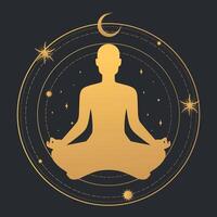 Golden colored abstract meditating man silhouette on celestial background. Male sitting in lotus position in magic circle with stars and crescent vector
