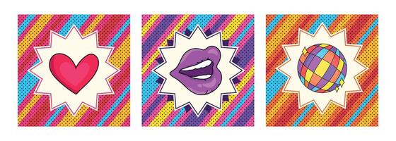 Set of retro pop art style bright backgrounds with a heart, woman lips and disco ball. Decorated with stripes and polka pattern vector