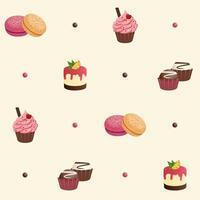 Pattern with cheesecakes, cupcakes, macaroons and chocolate. vector