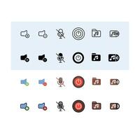 volume up, volume down, mute, power button, music folder, Audio, Music and Sound Icon Set vector