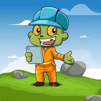 Cute Goblin Mascot cartoon character engineer with tablet vector