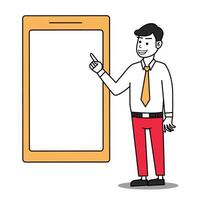 Business man character pointing at the smartphone screen presentation vector