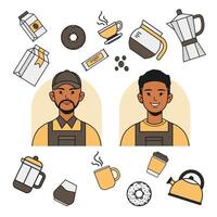 Barista Coffee Element in Flat Line color illustration set vector