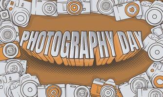 World photography day design with 3d typography of Photography day in vintage concept design. yellow white camera in doodle art background design vector
