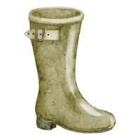 Watercolor Illustration of Green Rain Rubber Boot. Hand Drawn Garden Footwear on isolated background. Drawing of gardening wet. Sketch of rustic gumboot for farming design vector