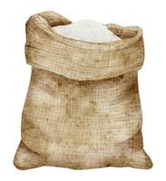 Sack of Flour watercolor illustration. Drawing of burlap bag whole of cereal grain on isolated background on isolated background. Ingredient for pastry and bakery. Sketch for product label vector