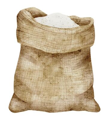 Sack of Flour watercolor illustration. Drawing of burlap bag whole of cereal grain on isolated background on isolated background. Ingredient for pastry and bakery. Sketch for product label