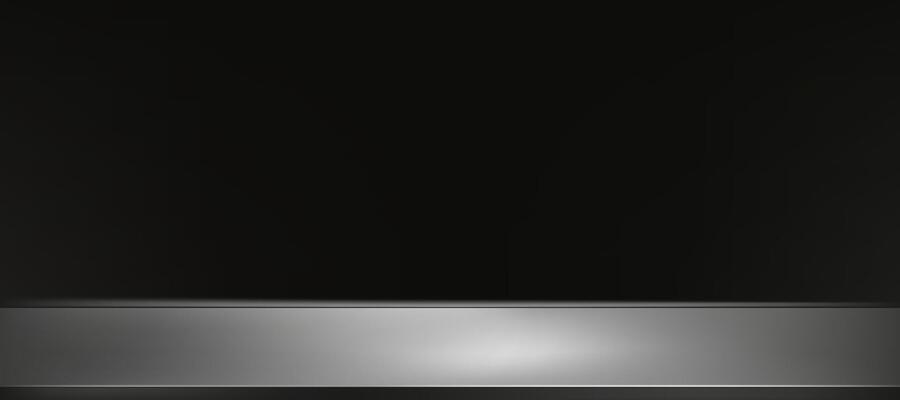 Black Background,Empty Studio Room with Spot Light on Grey Metallic Stainless Steel Counter top Display for Product Presentation, Backdrop Metal shelf texture with light reflect on floor