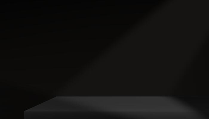 Black Background Wall Studio Room with Light,Shadow on Floor,Empty 3d Backdrop with Podium for product presentation,Empty Display Kitchen Room with Grey Table Top for Web Banner promotion