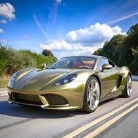Sleek Golden Sports Car Speeds Down Open Road photo