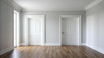 Empty Room with White Doors. Empty Room with Warm Wood Floors photo