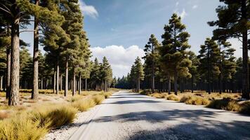 In center road in the forest with pine trees on the left side. photo