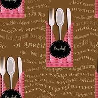 The phrase bon appetit is written horizontally in several languages, in different fonts. seamless pattern of spoons, forks, table knives. vector