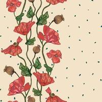 vertical trailing pattern of blooming intertwined red poppies, green leaves and seeds on beige background. vector