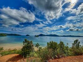 beautiful view of the sea and islands from the top of the hill. photo