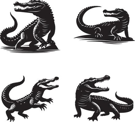 Crocodile Silhouette four alligators in different poses on a white background