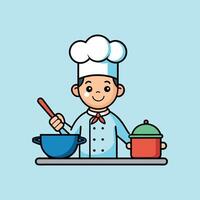 a cartoon chef with a pot and pan on the table vector