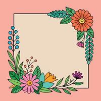 floral frame with colorful flowers and leaves on a pink background vector
