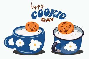 National chocolate chip cookie day. Happy cookie day poster. Chocolate chip cookie and cup of milk. Cookies cute characters. Confectionery retro icons vector